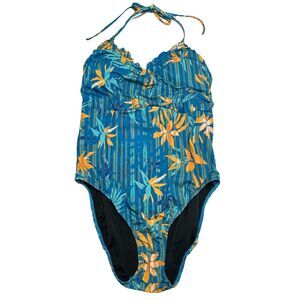 Venus One Piece Tropical Halter Swimsuit Women 14 Blue Floral Full Coverage NWOT